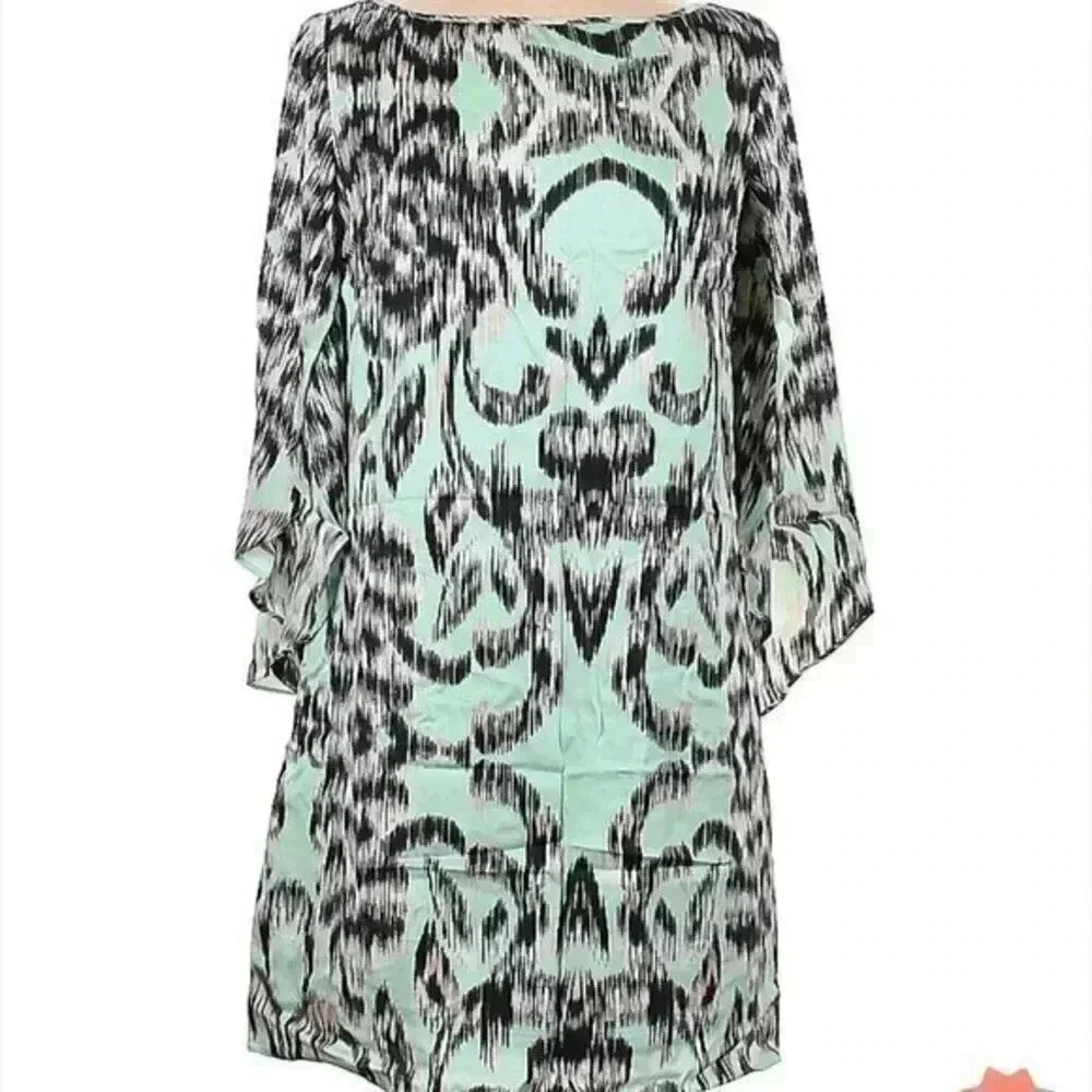 Milly New York Butterfly Sleeve Silk Mini Dress in Turqoise Blue/Black Size 8